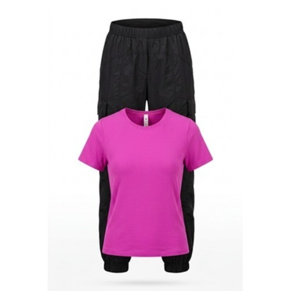 Fabletics T-Shirt Cargo Jogger Pants Set Women M/L Pink Black Activewear 2pc